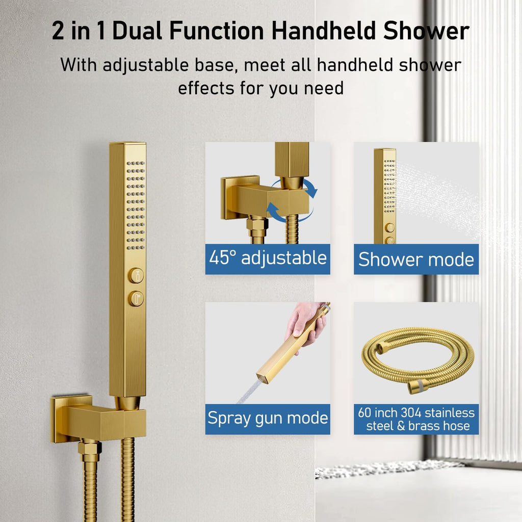Shower System Shower Faucet Set, STARBATH 6'+12' Ceiling Mount Dual Rain Shower Head Set with 2 in 1 Handheld Spray,Rainfall Shower System with Diverter Valve and Trim Kit Complete,Brushed Gold