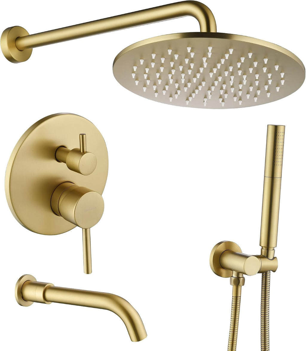 Shower System with Tub Spout, 3 Functions 10' Round Wall Mounted Rain Shower System, High-Pressure Rain Shower Head with 2 Modes Handheld Spray, Brushed Gold Shower Systems