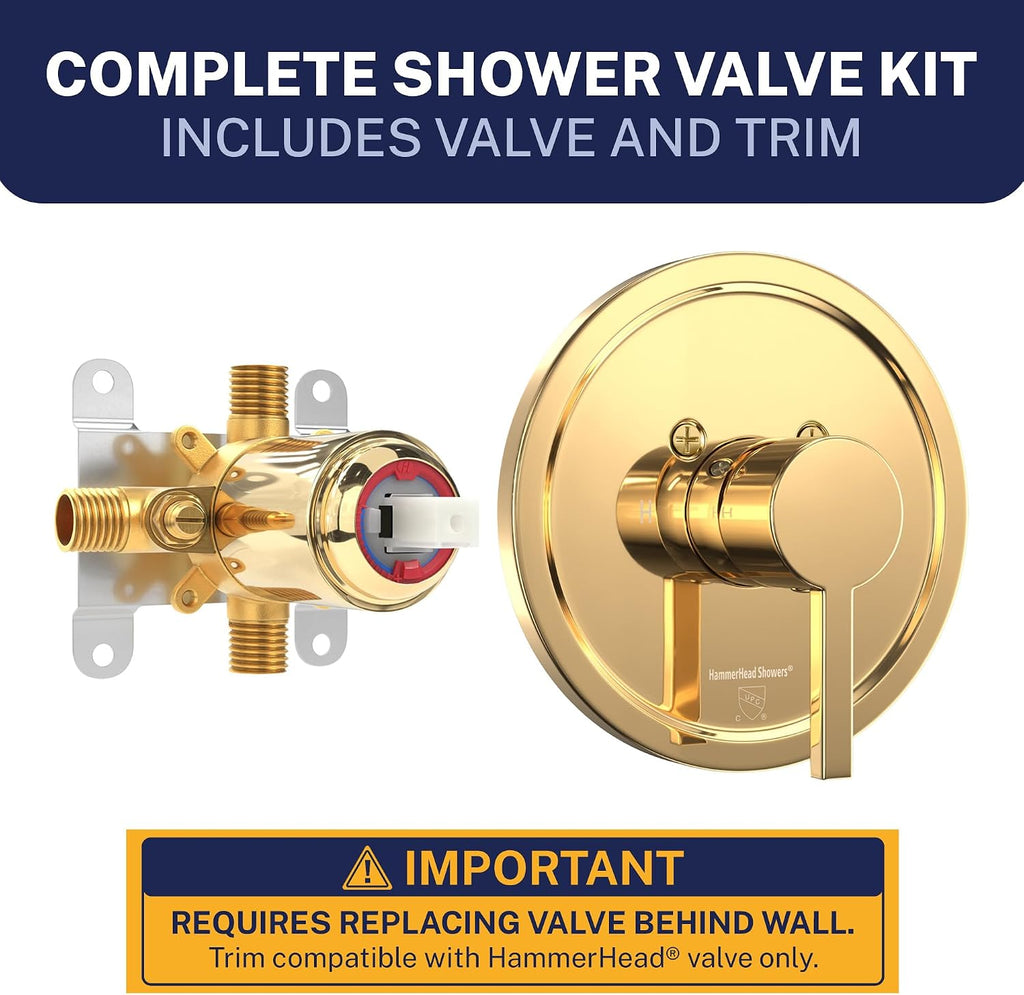HammerHead Showers Solid Metal Single-Handle Trim Kit with Rough-In Shower Valve, Volume and Temperature Control, Pressure Balance, Polished Brass