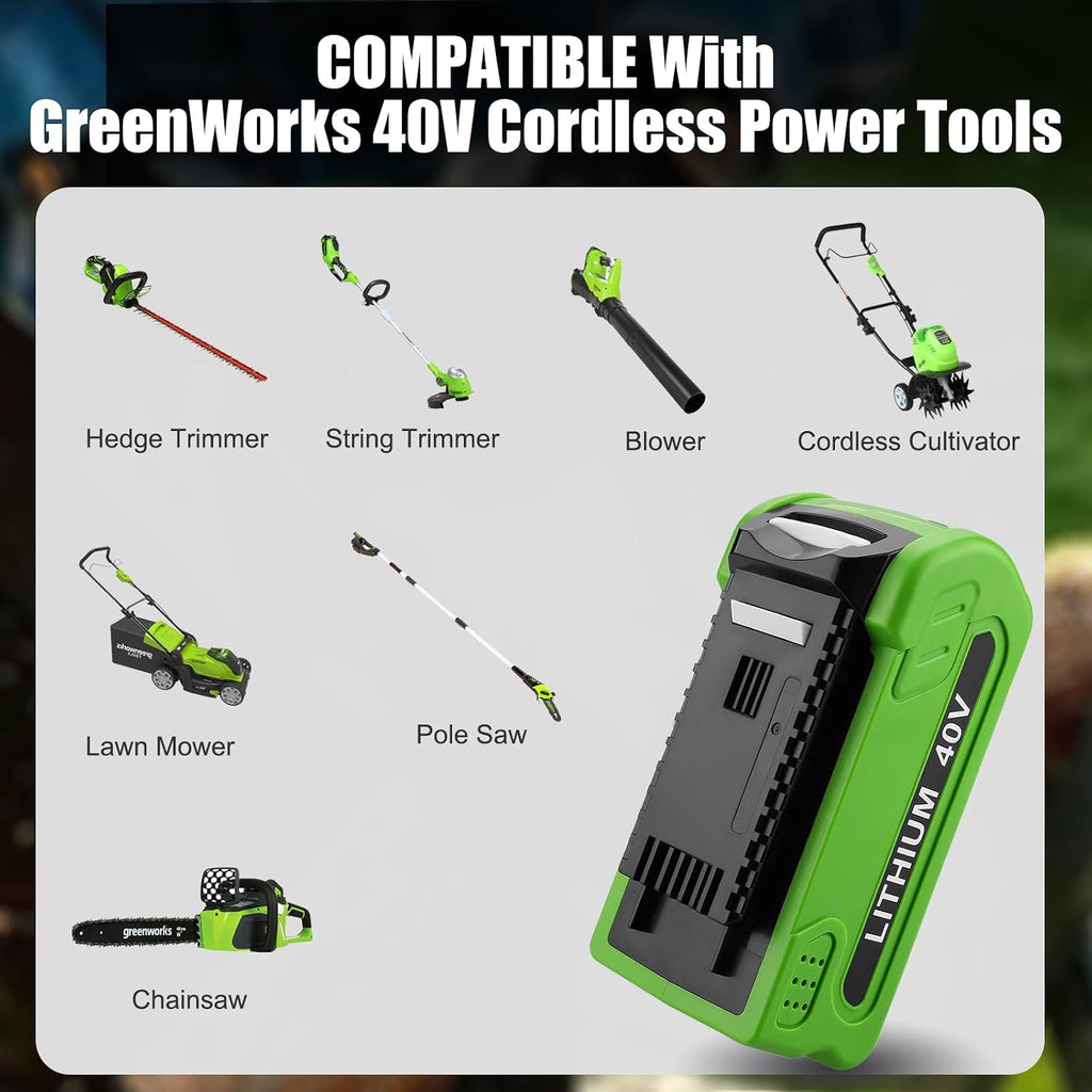 2-Pack 40V 4.0Ah Battery Replacement for Greenworks 40V Battery and Charger Kit (Dual-Port Charger with USB Port)，Compatible with Greenworks 40 Volt G-MAX Cordless Power Tools