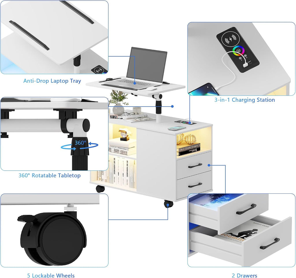 Smart Night Stand with 360° Laptop Tray, RGB Nightstand with Charging Station,Modern Bedside Table with 24-Color Human Sensor Lights,Large End Table w/ 2 Drawers,3 Shelves,5 Wheels,White