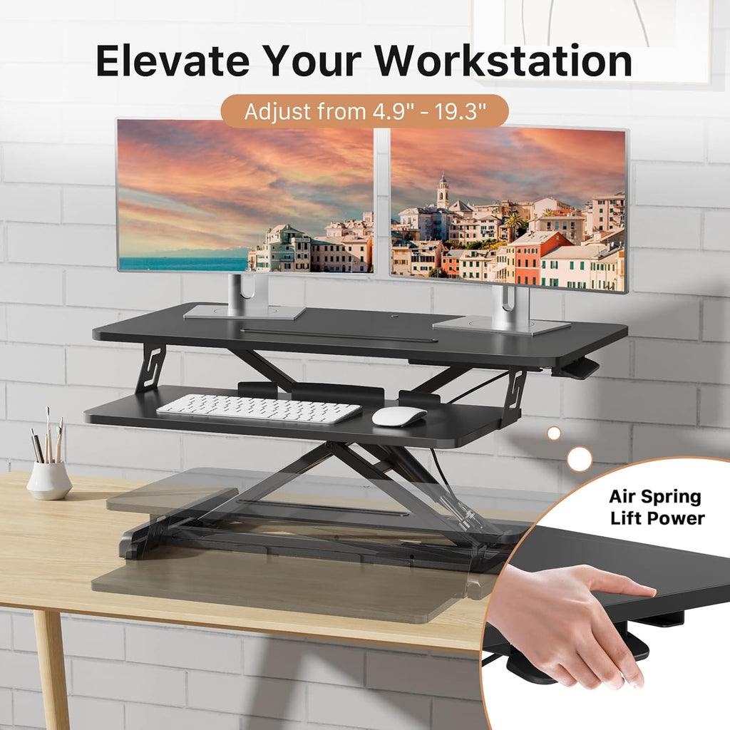 JOY worker Standing Desk Converter, 32' Wide Height Adjustable Sit Stand Up Desk Riser with Keyboard Tray, Desktop Workstation Riser for Home Office Computer Laptop, Particle Board, Black