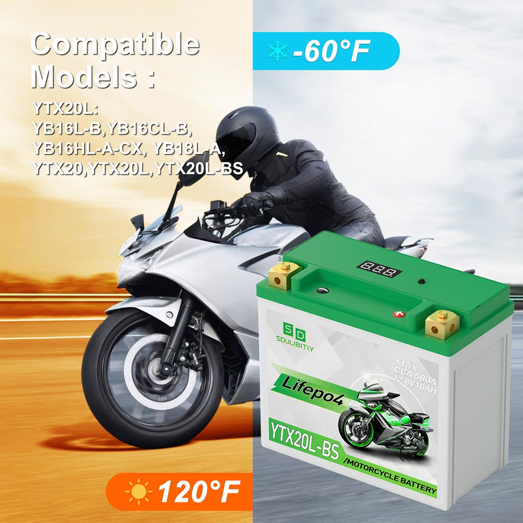 Lithium Motorcycle Battery LiFePO4 YTX20L-BS 12.8V 10Ah 580-750CCA Powersports Battery For Motorcycle Compatible ATV, UTV, Jet Ski, 4 wheeler, Scooter, PWC, Seadoo, Polaris and Generator Battery