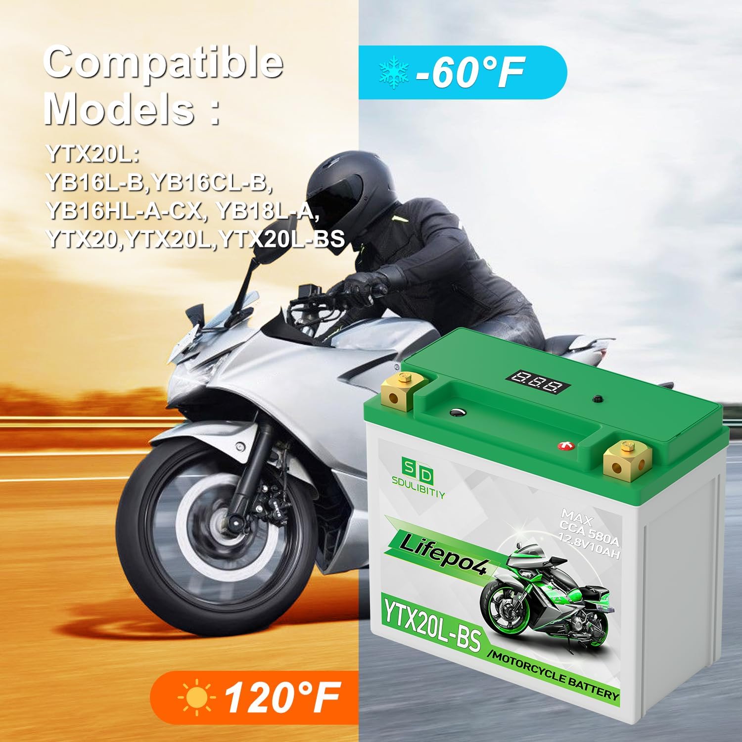 Lithium Motorcycle Battery LiFePO4 YTX20L-BS 12.8V 10Ah 580-750CCA Powersports Battery For Motorcycle Compatible ATV, UTV, Jet Ski, 4 wheeler, Scooter, PWC, Seadoo, Polaris and Generator Battery