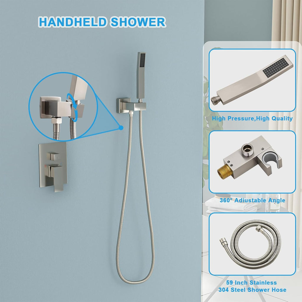Lordear Rain Shower System 8 Inch Wall Mounted Shower Faucet Set Stainless Steel Shower Head Handle Set and Solid Brass Valve Brushed Nickel Finish
