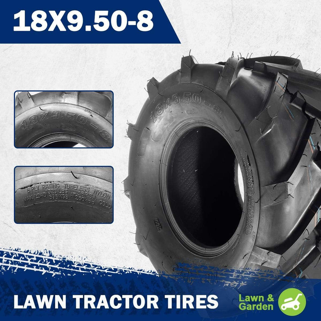 MaxAuto 18x9.50-8 Lawn Mower Tires, 18x9.50x8 Ag Farm Tractors Tires, 18-9.50-8 Super Lug Garden Tractor Tires, 6Ply Tubeless, 1320lbs Capacity, Set of 2