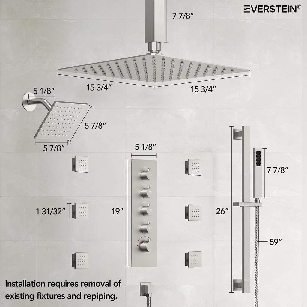 16 Inch Rainfall Shower System for Bathroom with Valve, Dual Rainfall Shower Head Faucet with 6 Body Jets (Brushed Nickel)