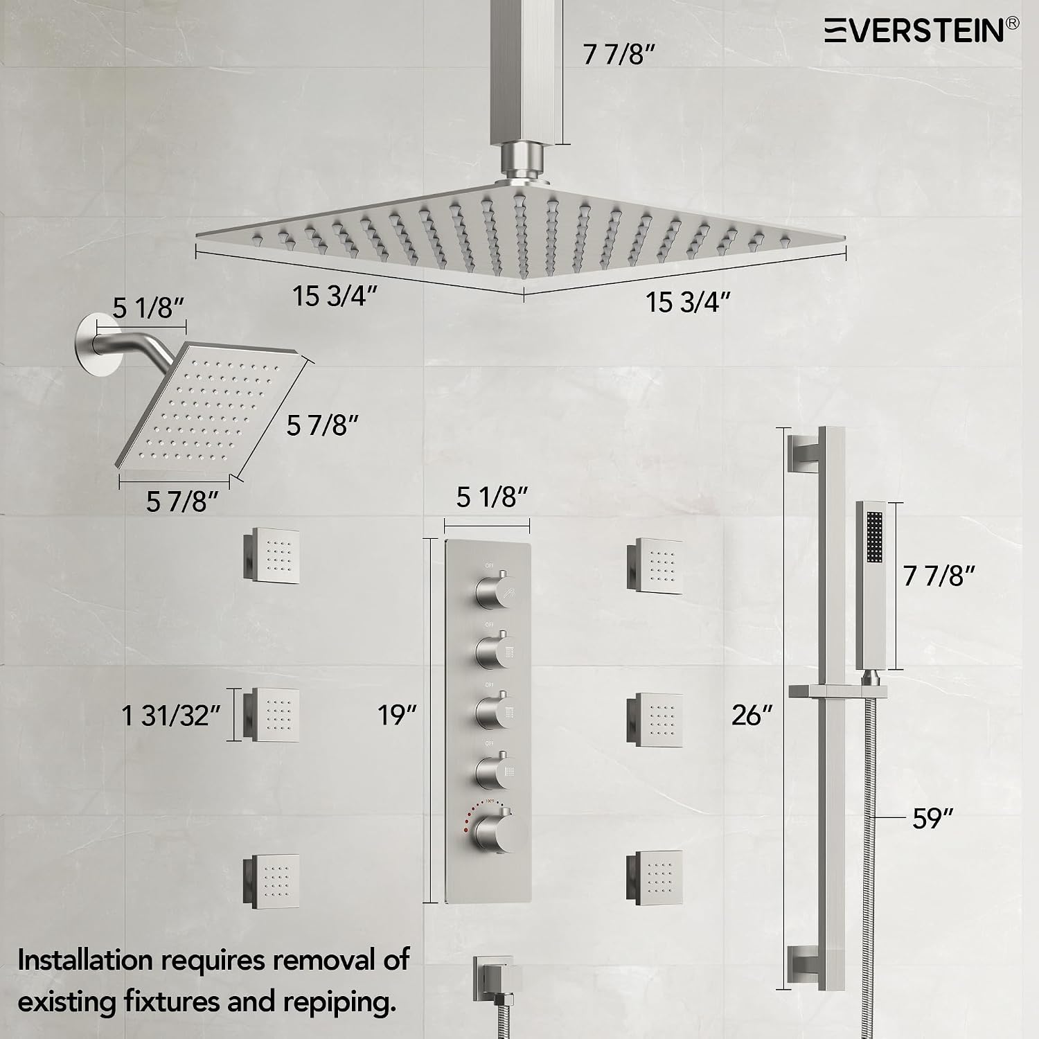 16 Inch Rainfall Shower System for Bathroom with Valve, Dual Rainfall Shower Head Faucet with 6 Body Jets (Brushed Nickel)