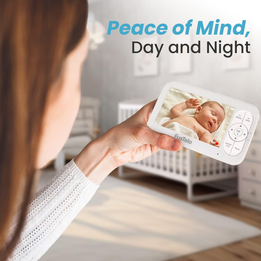 Smart WiFi Baby Monitor with 5' OLED Screen & Camera, 1080P HD, 360° Pan/Tilt, 4X Zoom, Two-Way Audio, Cry & Motion Alerts, Night Vision, Temperature Sensor, Long-Battery, App & Screen View