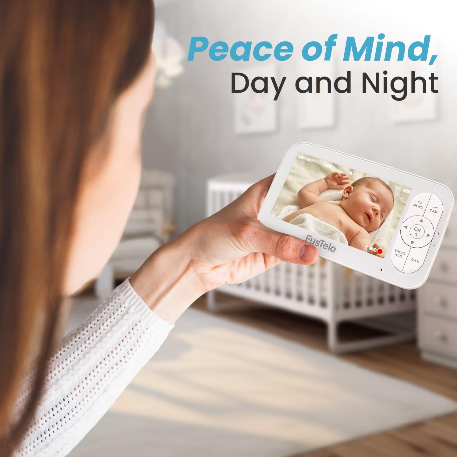 Smart WiFi Baby Monitor with 5' OLED Screen & Camera, 1080P HD, 360° Pan/Tilt, 4X Zoom, Two-Way Audio, Cry & Motion Alerts, Night Vision, Temperature Sensor, Long-Battery, App & Screen View