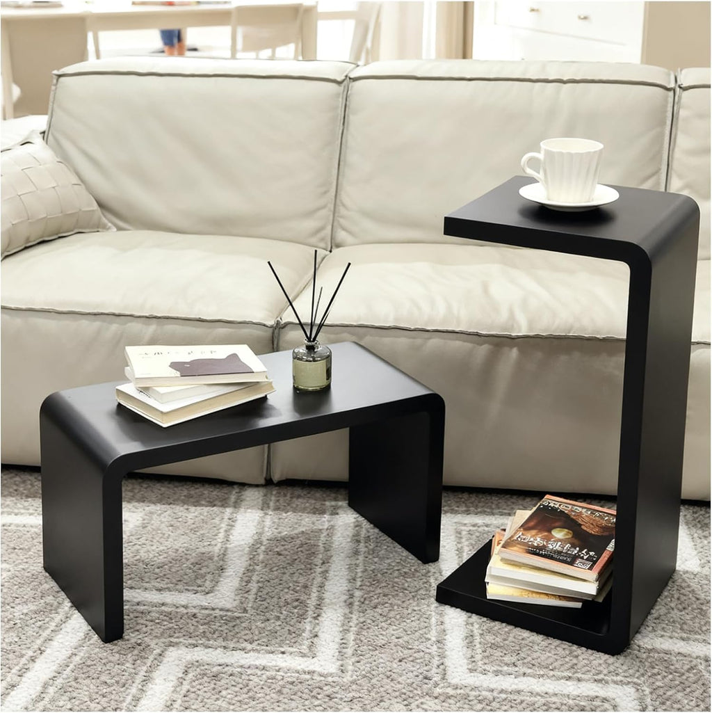 Solid Wood End Table for Couch, C Shaped Mini Sofa Side Table for Small Narrow Spaces, Wooden Nightstand for Living Room Bedroom Laptop Work Desk, Bedside Table for Office Balcony (2, black large)