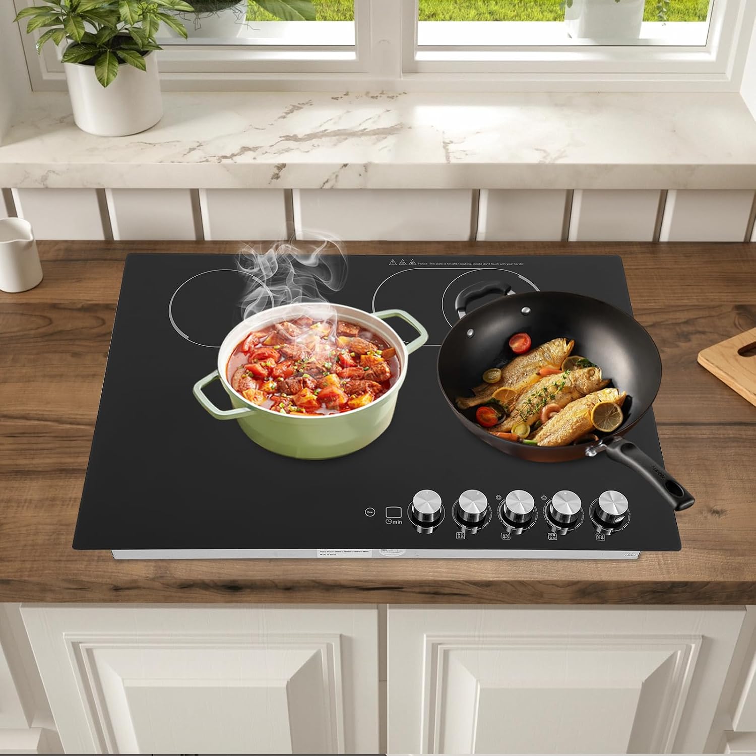 30 Inch Electric Cooktop, 4 Burner Electric Stove Top Knob Control, Built-in Ceramic Stovetop Burner, 5 Power Levels, Dual Oval Zone, Timer & Safety Lock, Hot Surface Indicator, 110V