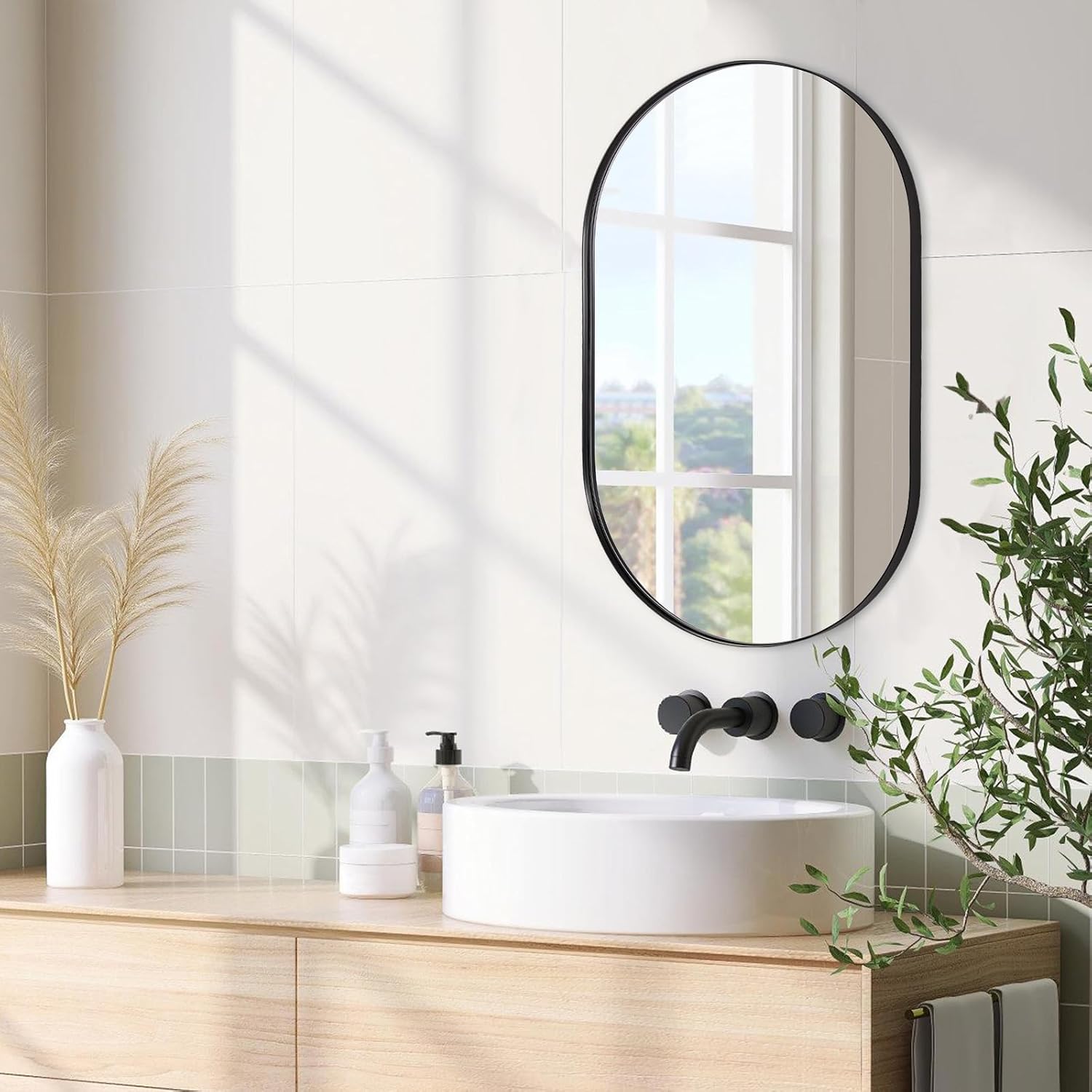ANDY STAR Black Oval Mirror, 20x33'' Oval Mirrors for Bathroom, Pill Shaped Mirror, Black Mirror Vanity, Modern Black Mirror for Bathroom Stainless Steel Metal Framed Wall-Mounted Mirrors