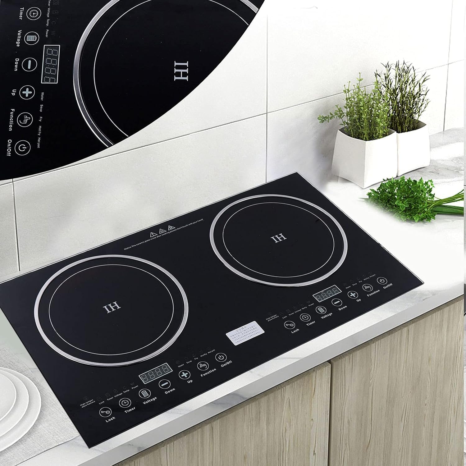 110V 2600W Double Electric Cooktop,1200W Induction Cooktop + 1400W Ceramic Stove, 8 Gear Power Levels, Child Lock, Timer, LED Touch Control for Kitchen Resturant