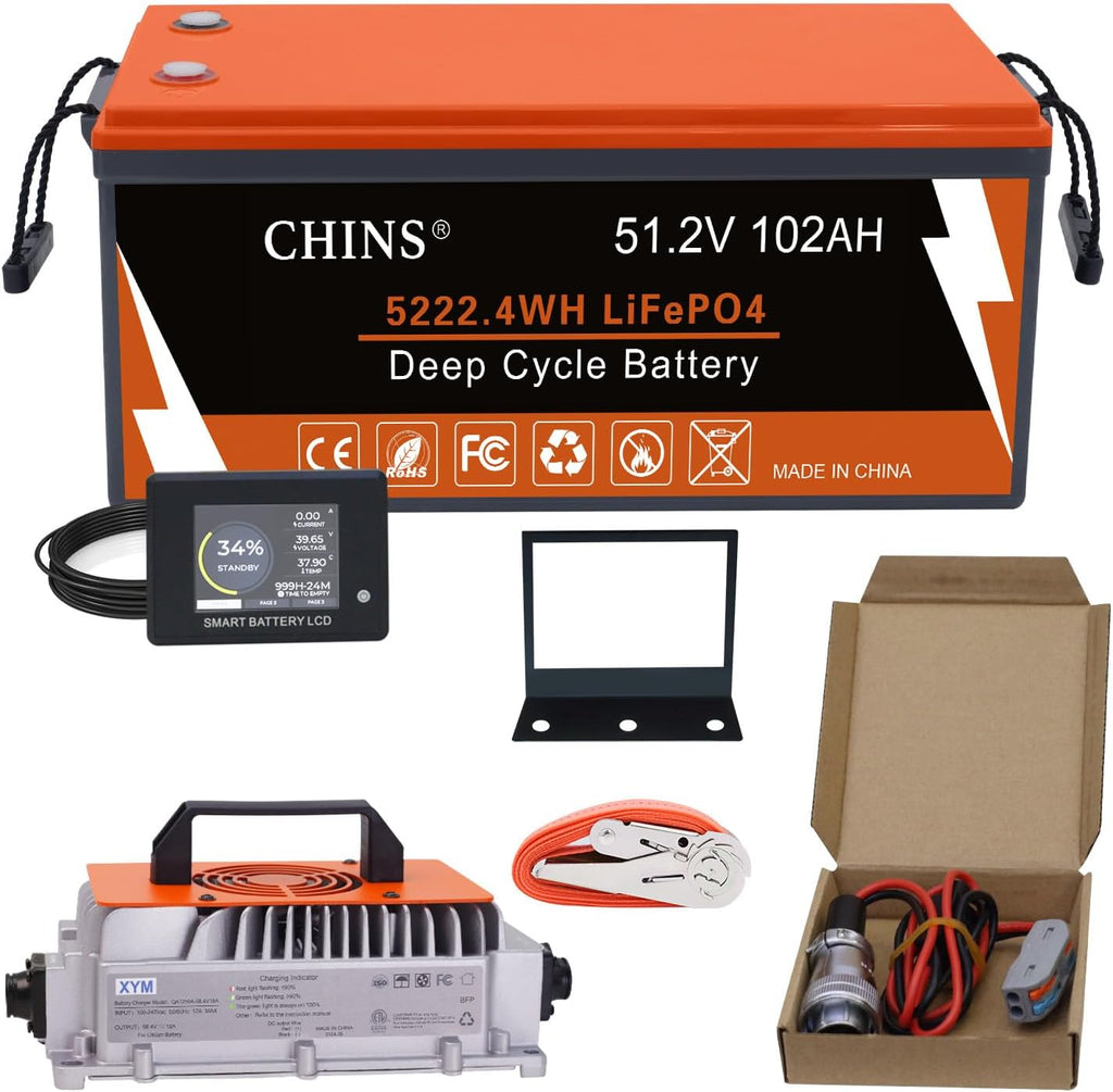 CHINS 48V 102Ah Golf Cart Battery, Built-in Smart 200A BMS, 4000+ Cycles Rechargeable, 48V Lithium Battery Perfect for Golf Cart