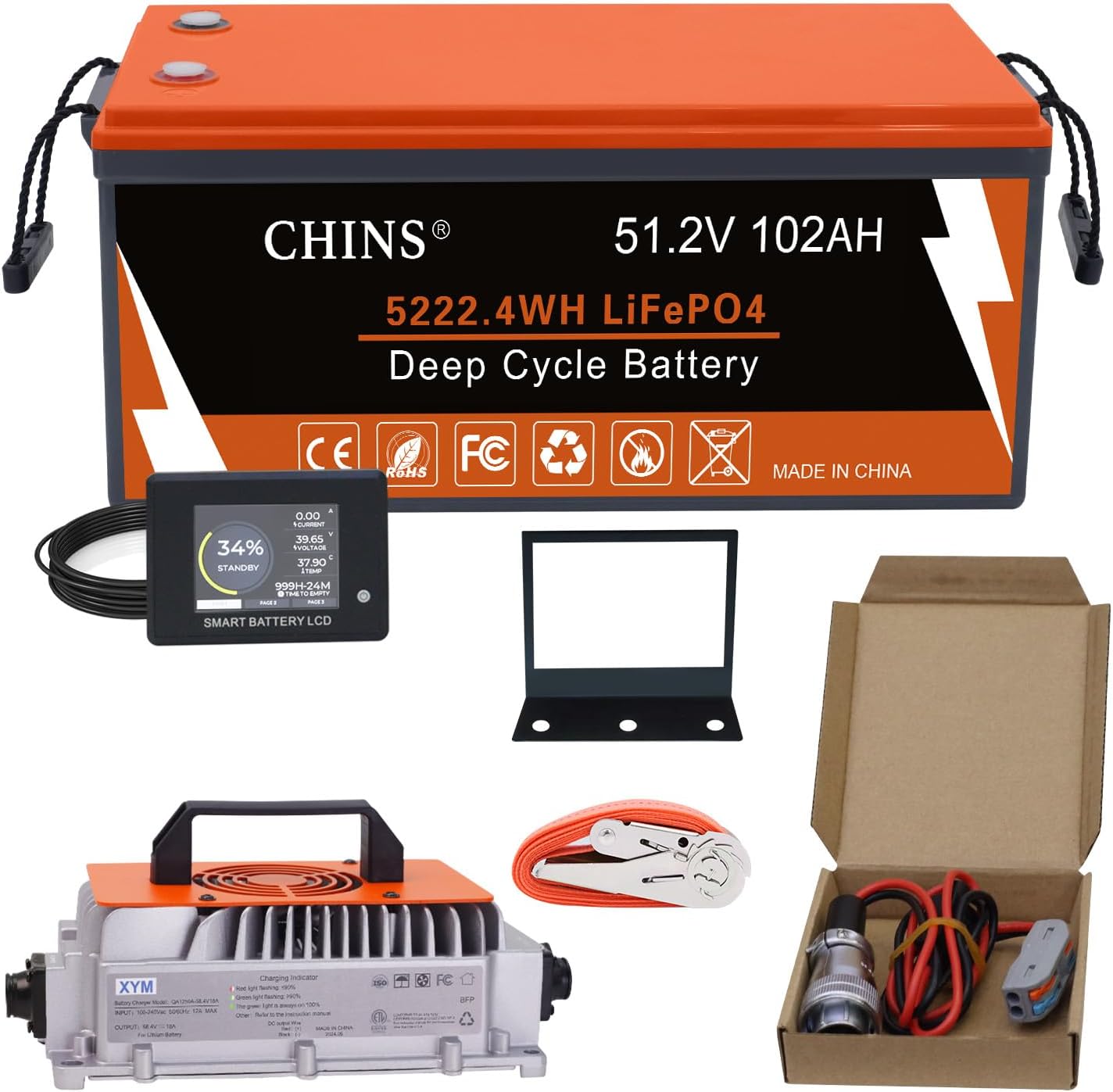 CHINS 48V 102Ah Golf Cart Battery, Built-in Smart 200A BMS, 4000+ Cycles Rechargeable, 48V Lithium Battery Perfect for Golf Cart