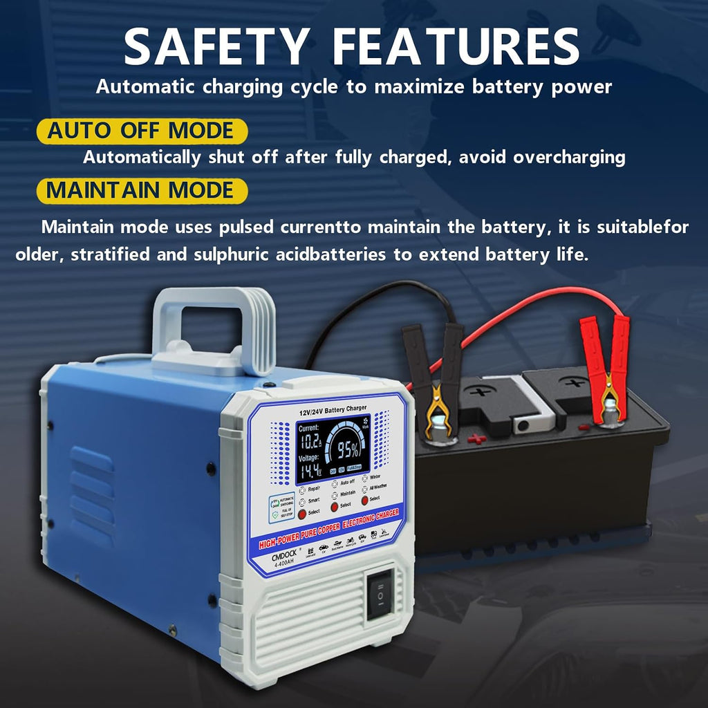 Battery Chargers Automobile 12 Volt & 24V Smart Automatic Car Battery Charger,Maintainer with Auto Shutoffs, Repair/Winter Mode,Trickle Charger for Automotive,Truck,Motorcycle,RV,AGM
