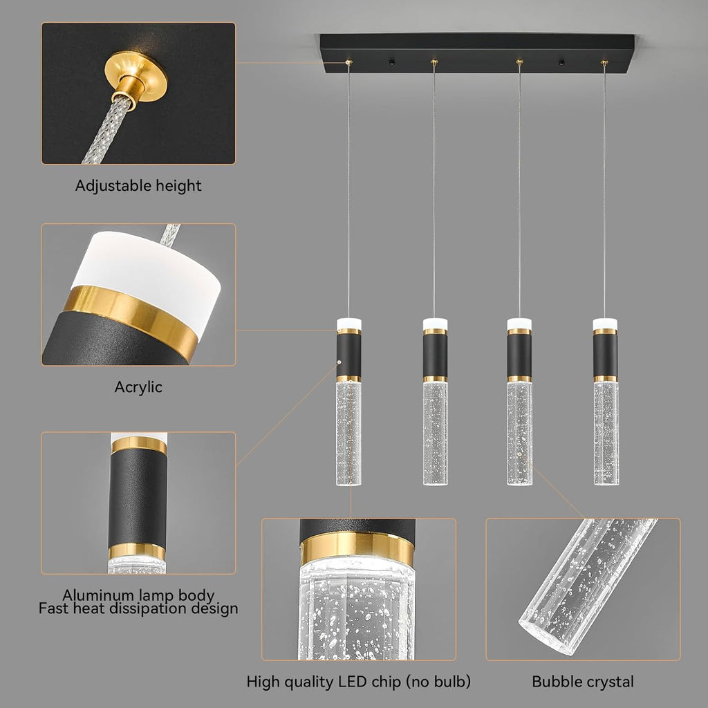 4-Light Pendant Light Fixture, Dimmable LED Kitchen Island Lighting with Bubble Crystal Shades, Modern Black Gold Metal for Dining Room, Foyer, Easy Installation