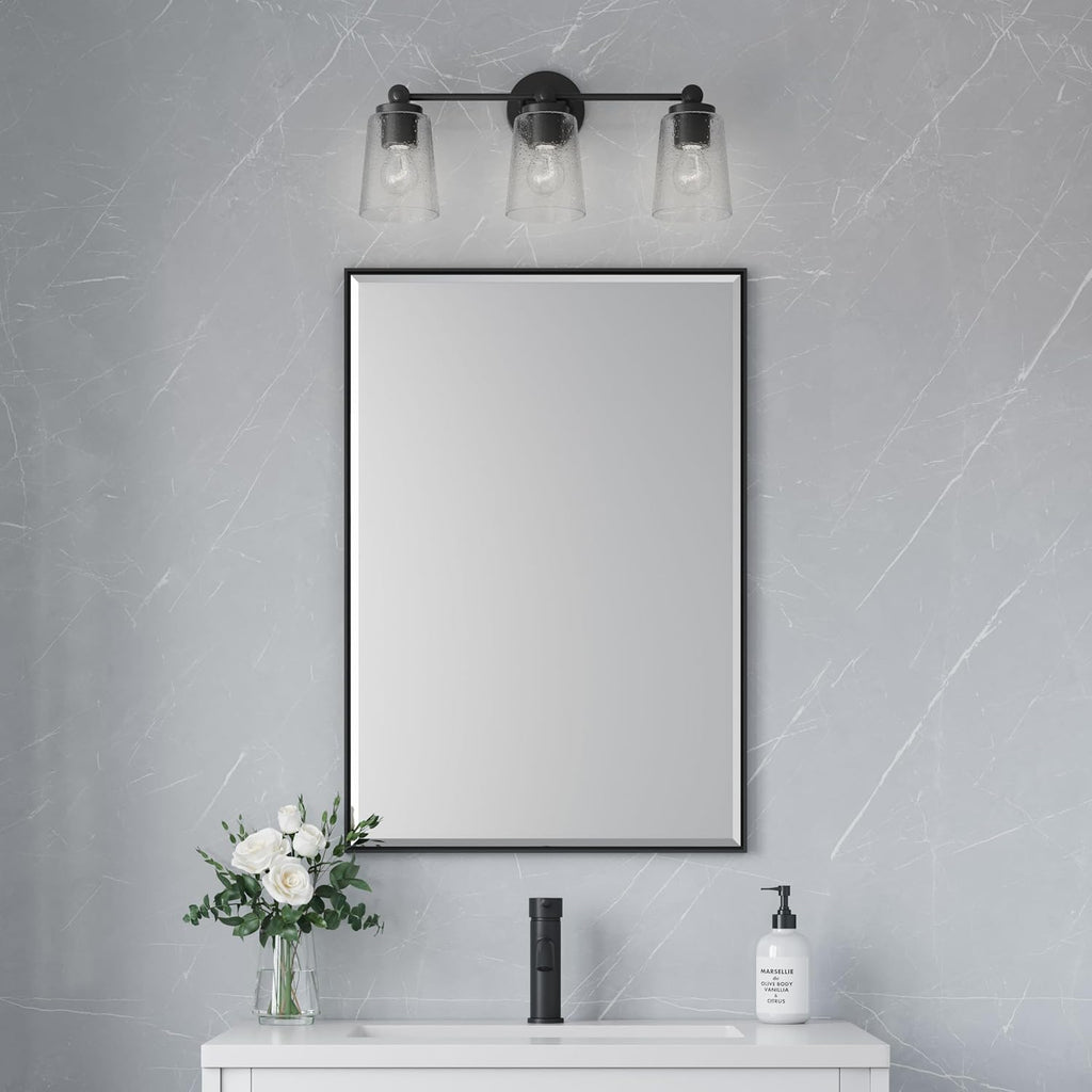 ML Lighting | Lauryn Collection | 22003-MB | 3 Light Vanity in Matte Black Finish with Clear Seeded Glass Shade | Versatile Design That adds High-End Texture and Elegance to Your Bathroom
