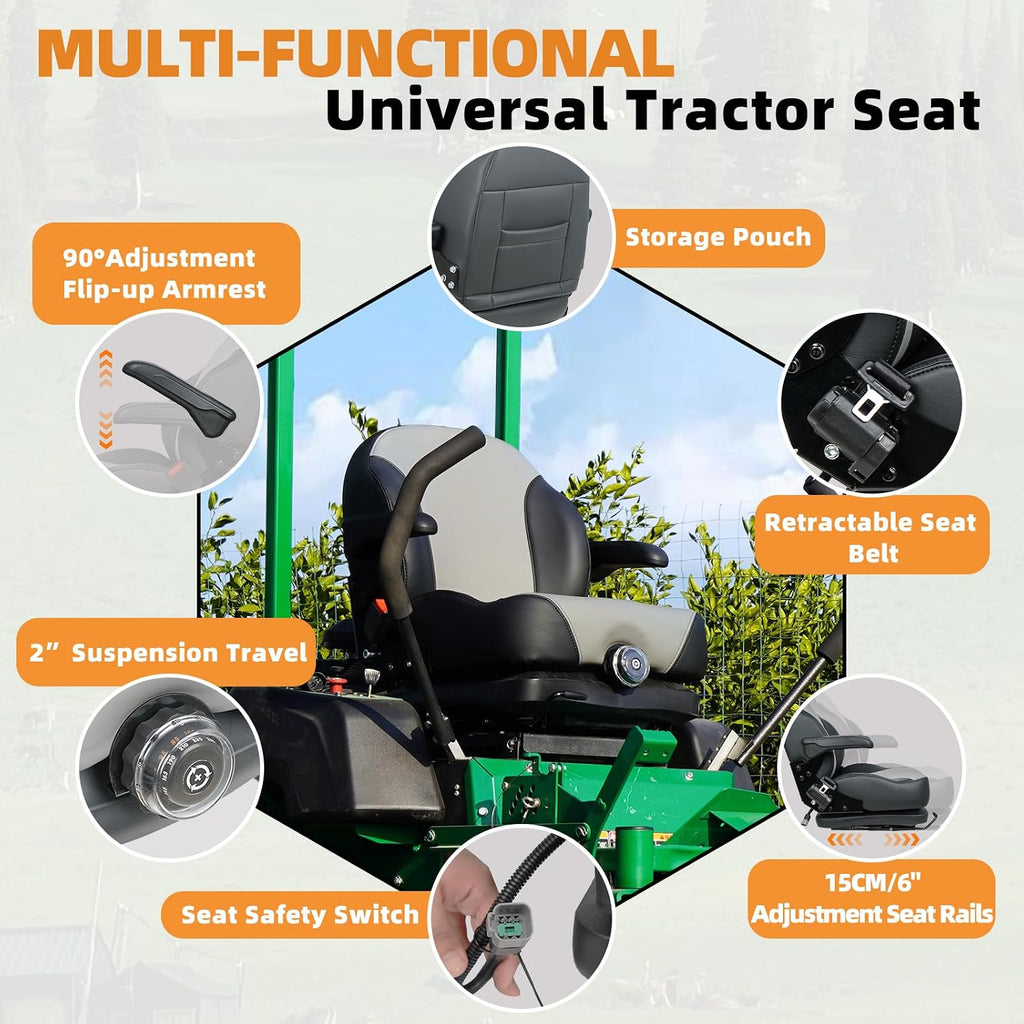 Universal Suspension Seat with Retractable Seatbelt Adjustable Armrests Weight Adjustment for Zero Turn Lawn Mowers & Tractors fits John Deere Scag Bad Boy Ferris Hustler Gravely