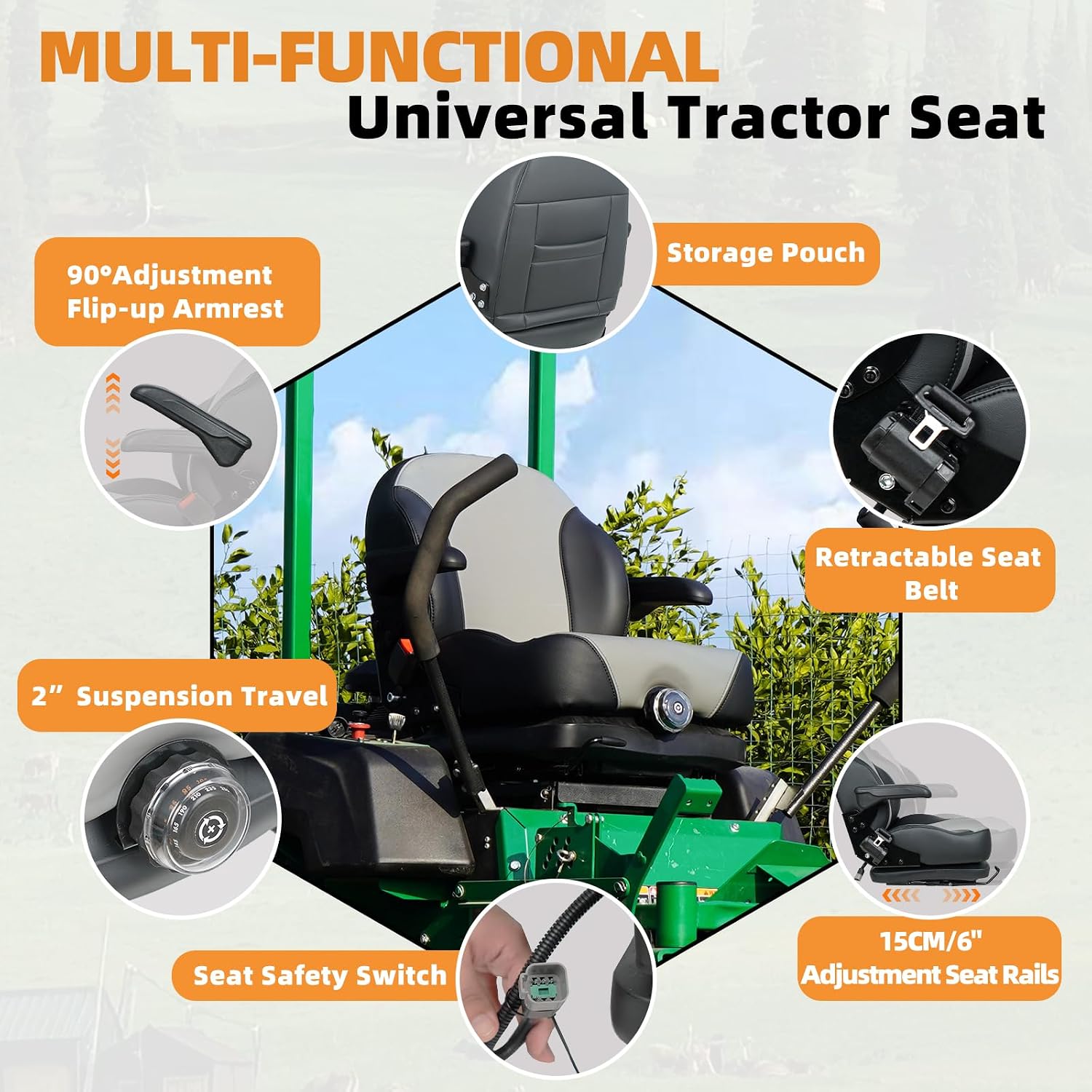 Universal Suspension Seat with Retractable Seatbelt Adjustable Armrests Weight Adjustment for Zero Turn Lawn Mowers & Tractors fits John Deere Scag Bad Boy Ferris Hustler Gravely