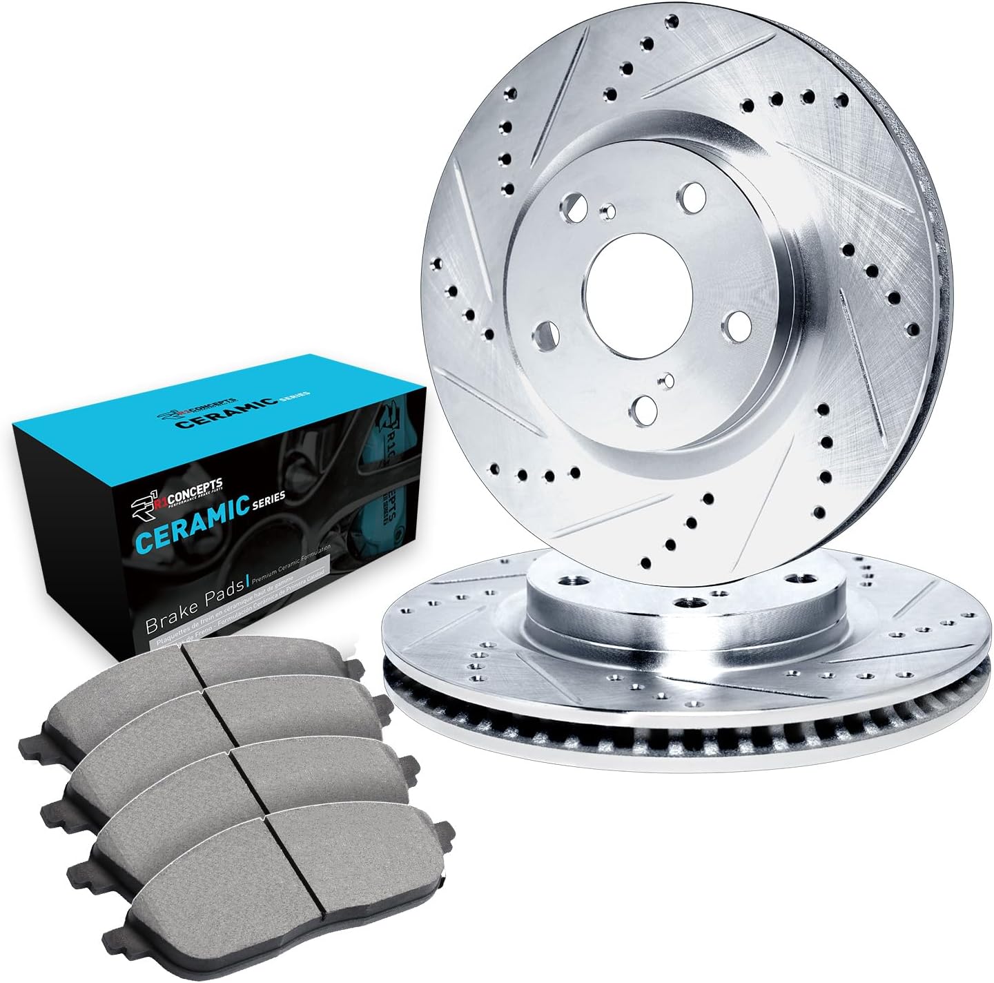R1 Concepts Front Brake Kit Fits 2014-2015 Acura ILX; 2003-2012 Honda Accord; 2013-2015 Honda Civic; 2002-2004 Honda CR-V| Ceramic Brake Pads and Drilled Slotted Brake Rotors| 11.1' Front