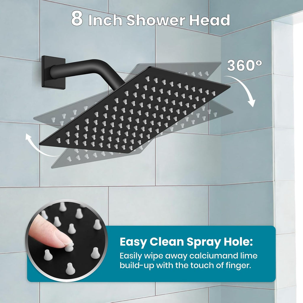gotonovo Shower System with Tub Spout Wall Mounted Rain Shower Head and Handle Combo Shower Faucet Set with Valve, 8 Inch, Matte Black