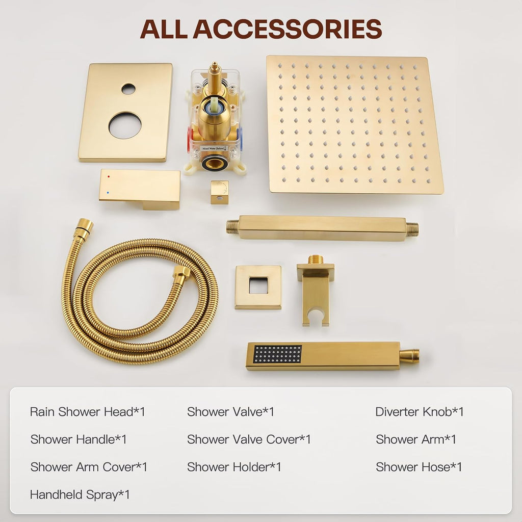 Ceiling Mount Shower System, Gold Shower Faucet Set with 12-Inch Rain Showerhead and Handheld Spray Combo, High-Pressure Showerheads Set with Valve and Trim Kit, Brushed Gold