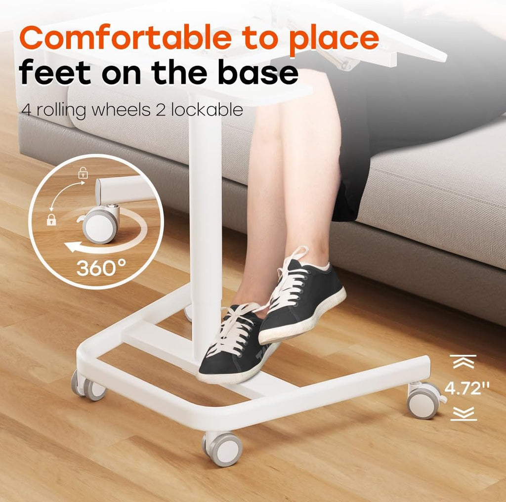 JOY worker Mobile Standing Desk, Height Adjustable Table, 60° Tiltable Rolling Laptop Desk, Portable Sit Stand Desk with Wheels Cup Holder for Bed Couch School, Holds Up to 22lbs, White