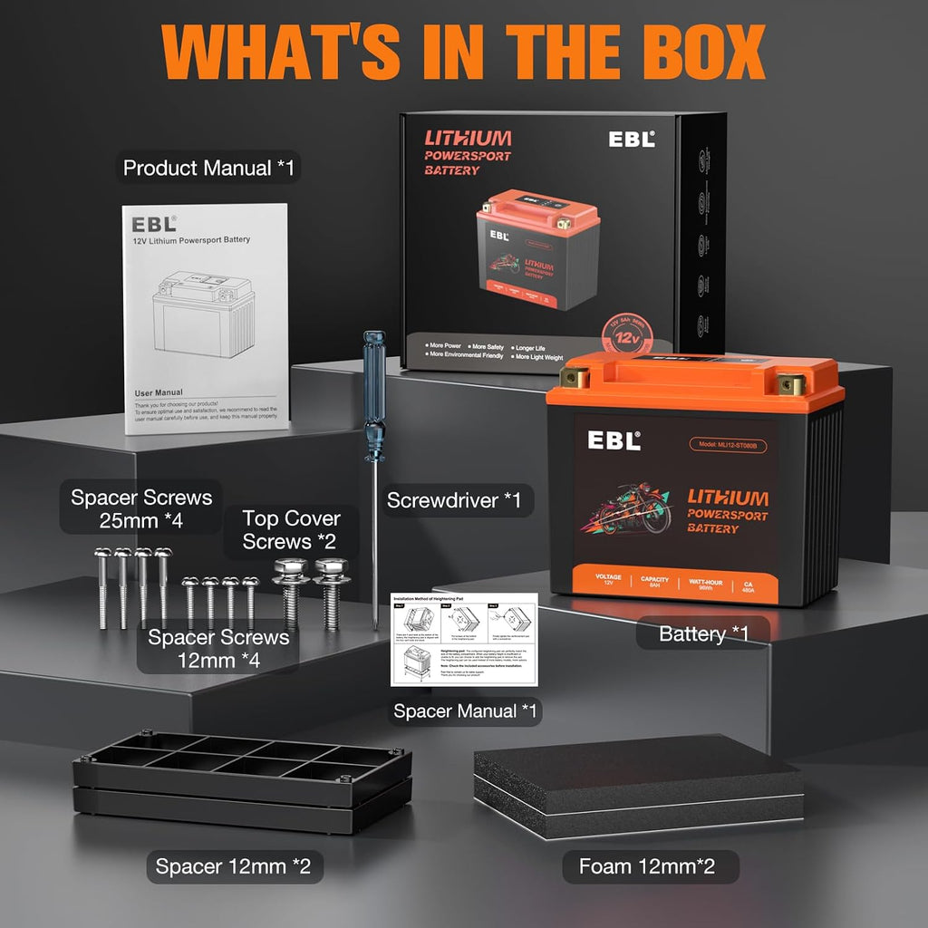 EBL Lithium YTX12-BS, 240CCA Lithium LiFePO4 Motorcycle Battery, 12V 8Ah ATV, UTV, Jet Ski, 4 Wheeler, Quad, Riding Lawn Mower, Tractor, Scooter, PWC, Seadoo, Polaris and Generator Battery