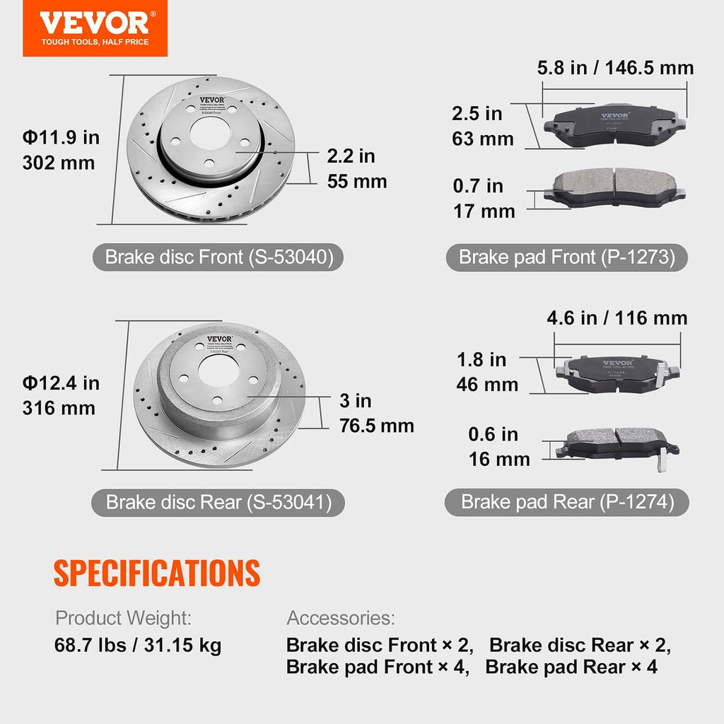 VEVOR Front and Rear Brake Kit Compatible with 2007-2017 Jeep Wrangler, Drilled and Slotted Brake Rotors Ceramic Brake Pads Replacement, 11.9' Front Rotors 12.4' Rear Rotors