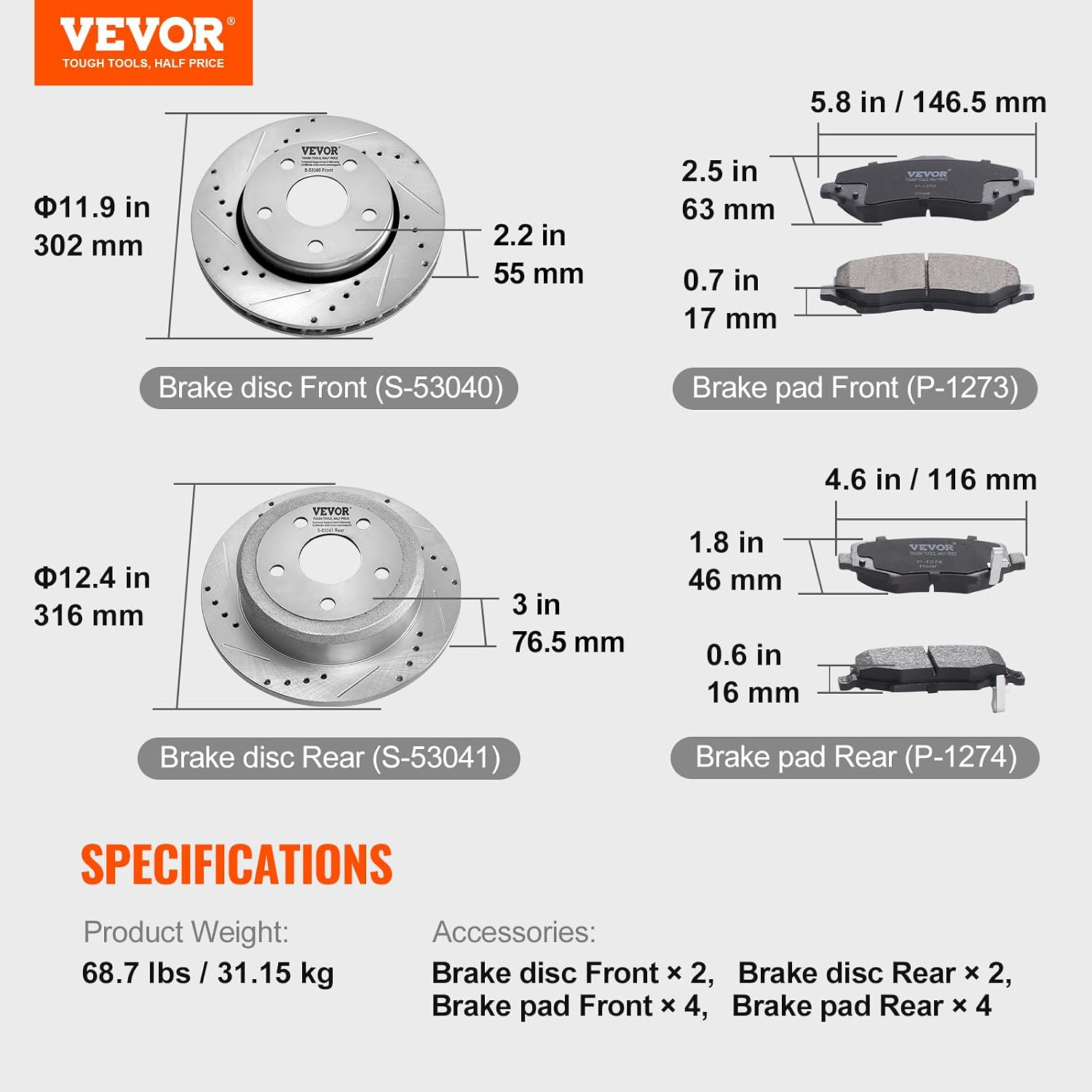 VEVOR Front and Rear Brake Kit Compatible with 2007-2017 Jeep Wrangler, Drilled and Slotted Brake Rotors Ceramic Brake Pads Replacement, 11.9' Front Rotors 12.4' Rear Rotors