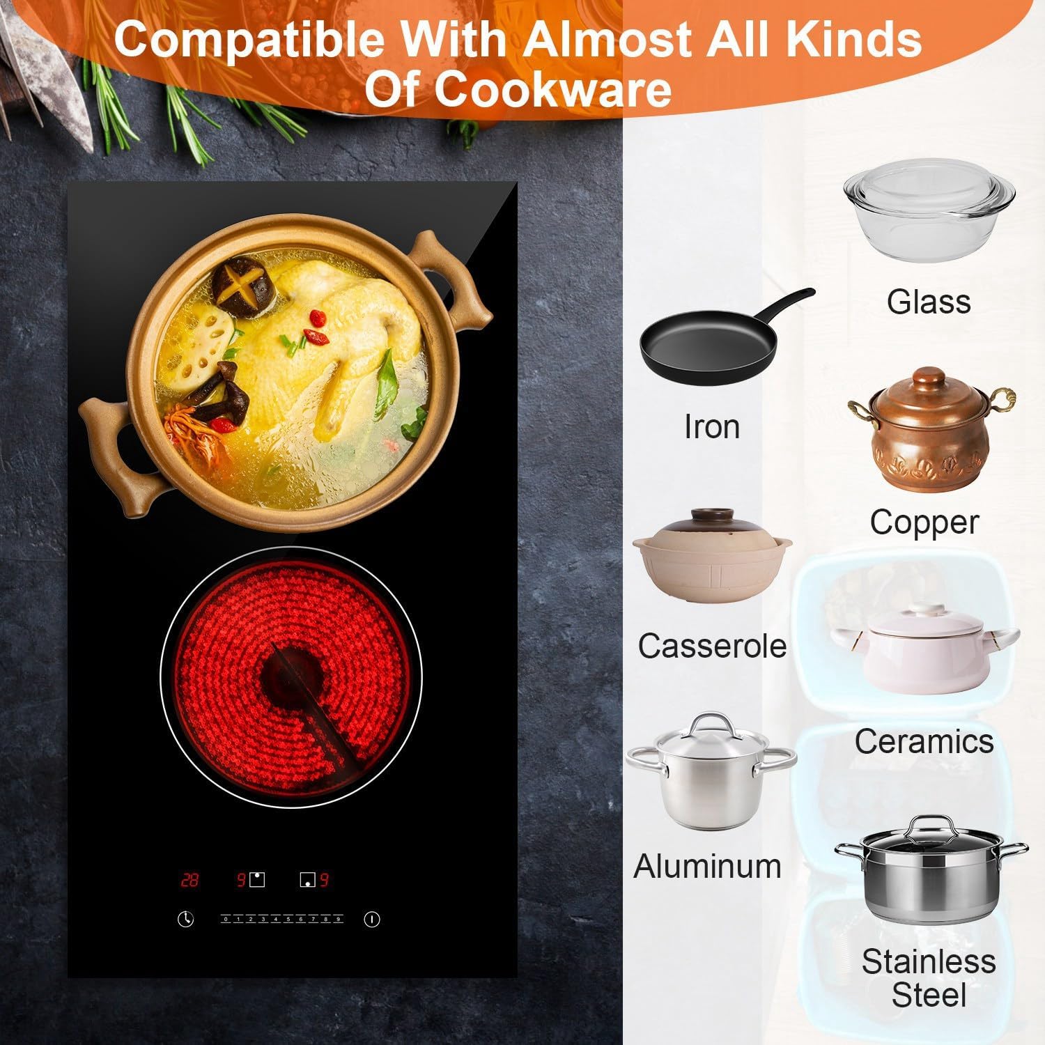 2 Burner Electric Cooktop, 9 Firepower Levels Plug-in Electric Cooktop with Timer Setting, 110V Built-in Electric Ceramic Stove with Over Heating Protection