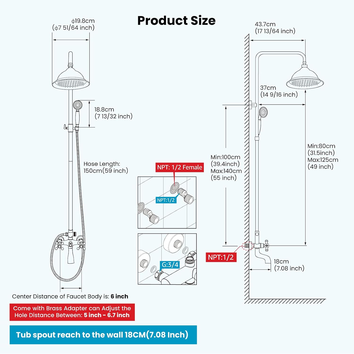 gotonovo Bathroom Exposed Shower Faucet Outdoor Shower System 8 Inch Rainfall Shower Head Set with Tub Spout and Handheld Spray Double Cross Handles Wall Mount without Shower Shelf Brushed Nickel
