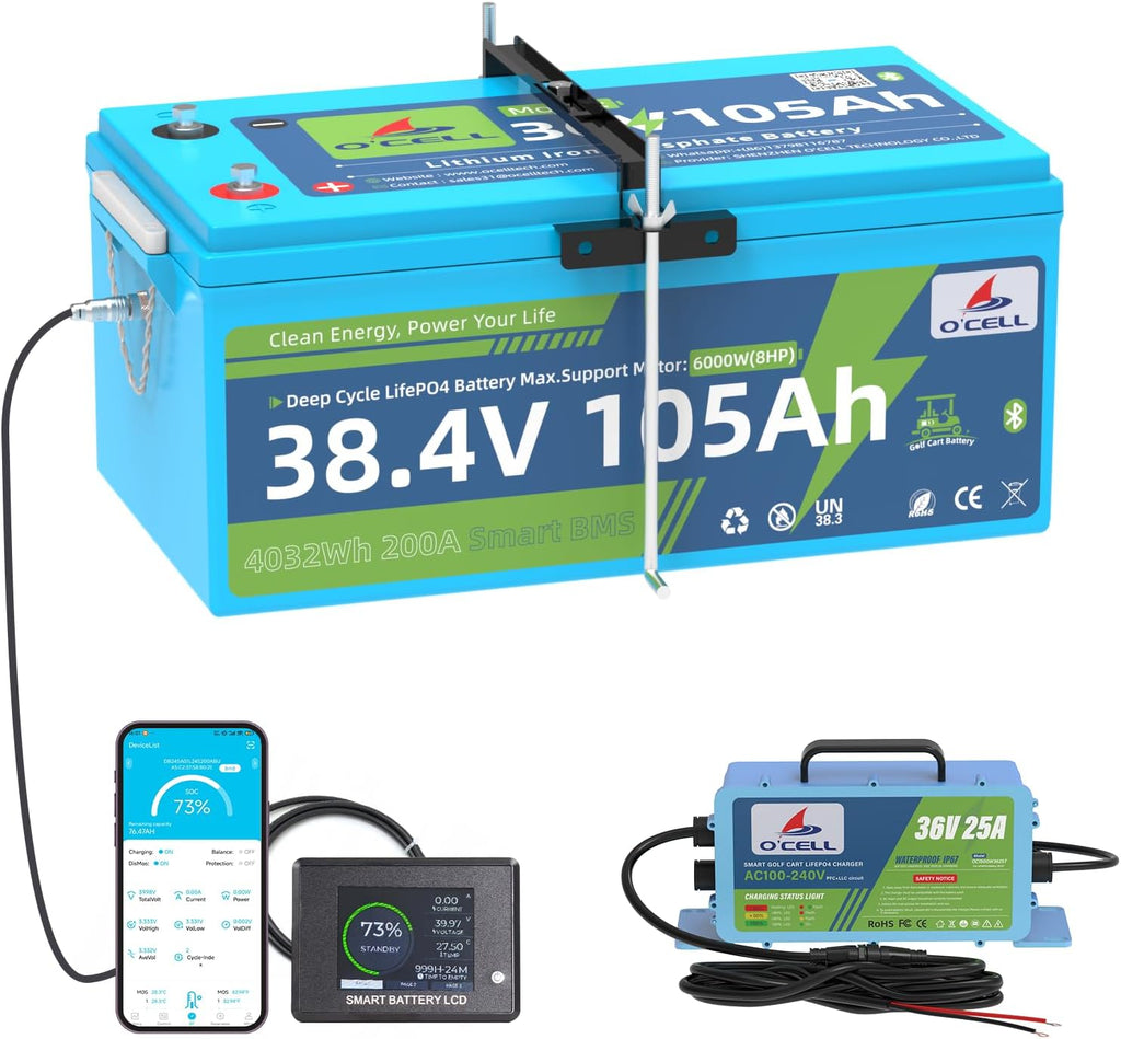 36V 105Ah LiFePO4 Golf Cart Battery -10+ Year Lifespan, 200A Smart BMS, Touch LCD/Bluetooth APP, Hold Down bracket, 36V 25A Charger IP67|38.4V Lithium Fits Club Car, YAMAHA, EZ GO, Lawn Mower, Marine