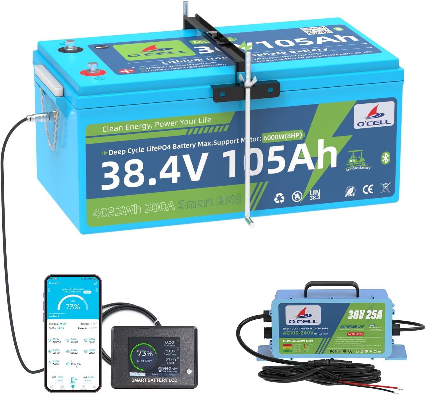 36V 105Ah LiFePO4 Golf Cart Battery -10+ Year Lifespan, 200A Smart BMS, Touch LCD/Bluetooth APP, Hold Down bracket, 36V 25A Charger IP67|38.4V Lithium Fits Club Car, YAMAHA, EZ GO, Lawn Mower, Marine