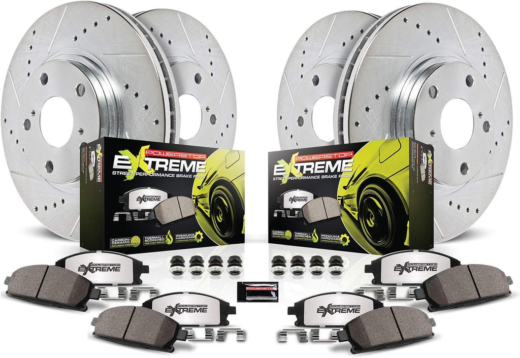 PowerStop Front and Rear Brake Kit for Chrysler 300 2005-23 |Dodge Challenger 2009-23 |Charger 2006-23 - Carbon-Fiber Ceramic Z26 Brake Pads + Drilled & Slotted Rotors Upgrade, K1715-26