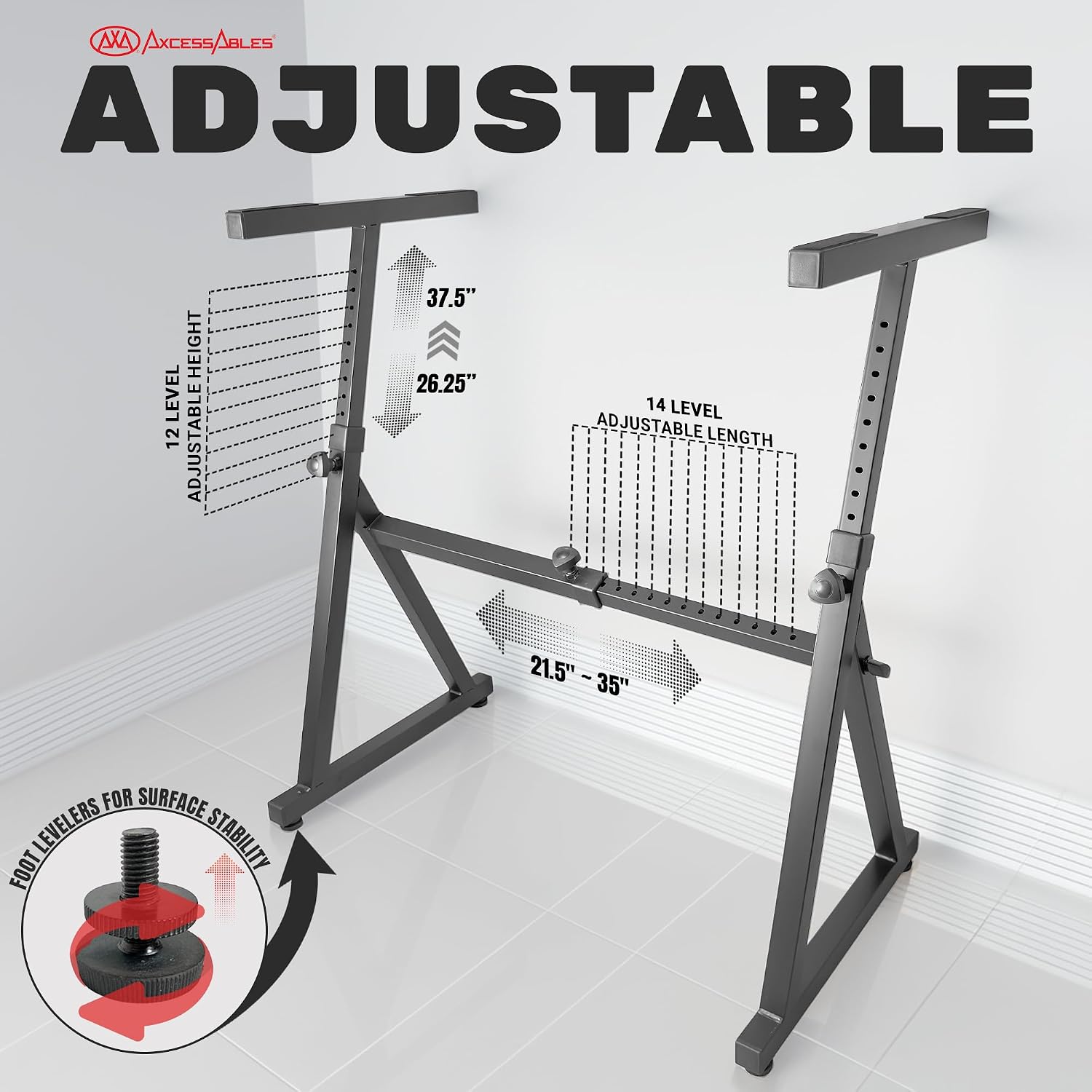 AxcessAbles Adjustable Piano Keyboard Stand and DJ Controller Desk – Removable 36'x19.4' Steel Tabletop, Height Adjustable Music Workstation for Mixers, Synths, Recording, and Live Performance