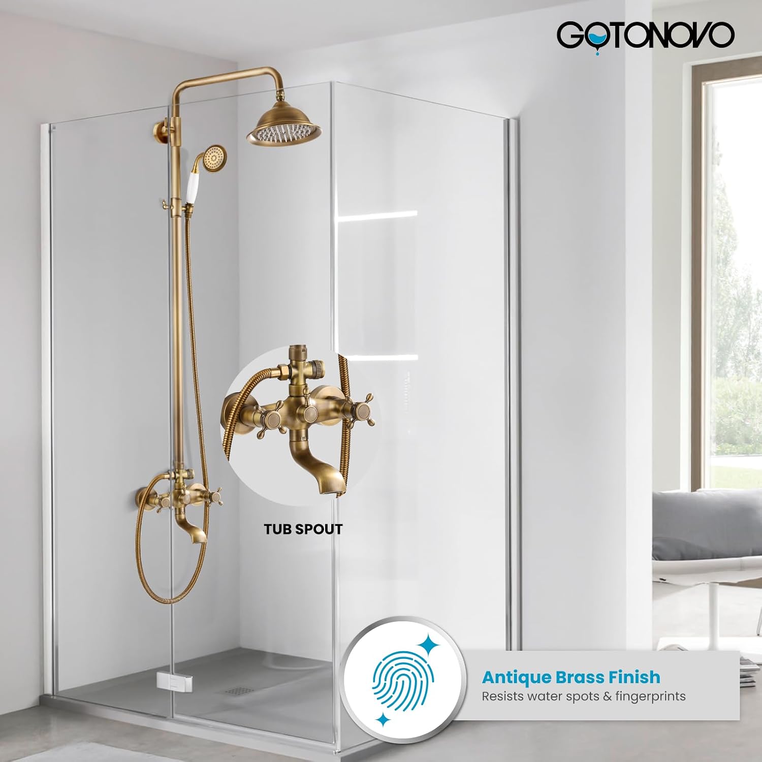 gotonovo Bathroom Exposed Shower Faucet Outdoor Shower System 8 Inch Rainfall Shower Head Set with Tub Spout and Handheld Spray Double Cross Handles Wall Mount without Shower Shelf Antique Brass