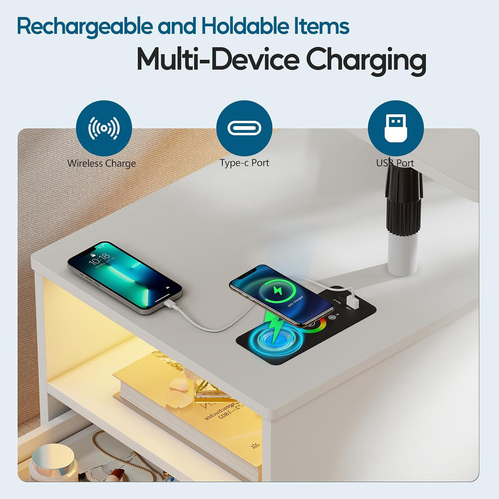 WOOVIVS Nightstand Set of 2 with USB Charging Station, Bedside Table with Storage Drawer, Rotatable Bracket, Modern Design (White)