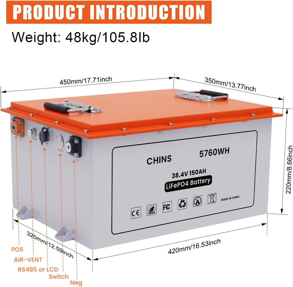CHINS Smart LiFePO4 Battery Bluetooth 36V 150AH Lithium Battery Perfect for Golf Cart, Trolling Motor, Marine, Built-in 200A BMS, Includes Battery Monitor, Peak Current 1000A