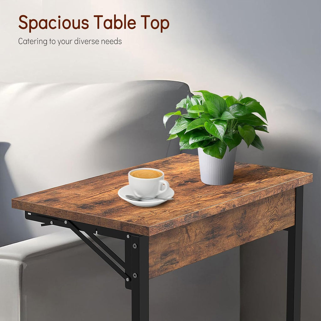Tatub 24' Folding C Shaped End Table Set of 2, Small Sofa Side Laptop Desk, Couch TV Tray Table for Living Room, Bedroom, Rustic Brown
