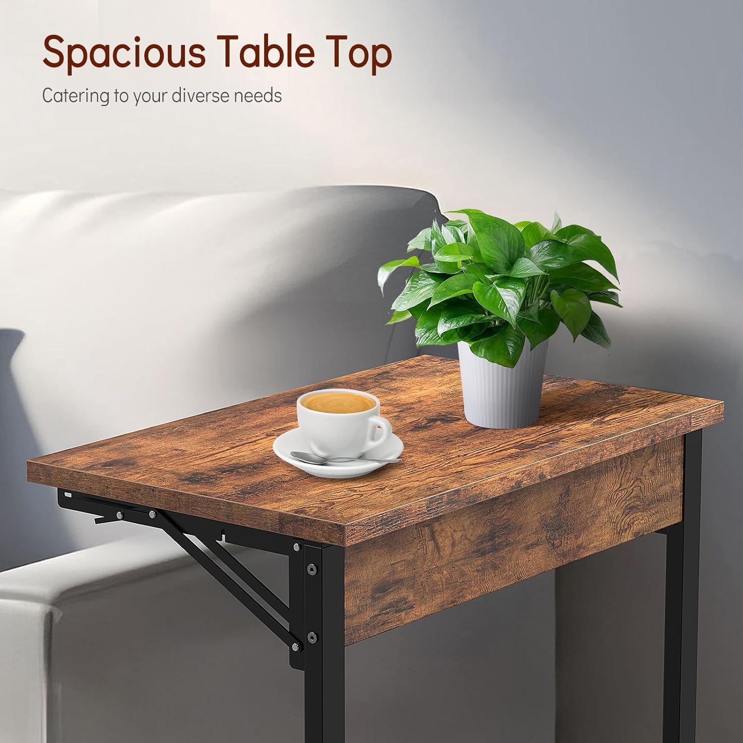 Tatub 24' Folding C Shaped End Table Set of 2, Small Sofa Side Laptop Desk, Couch TV Tray Table for Living Room, Bedroom, Rustic Brown