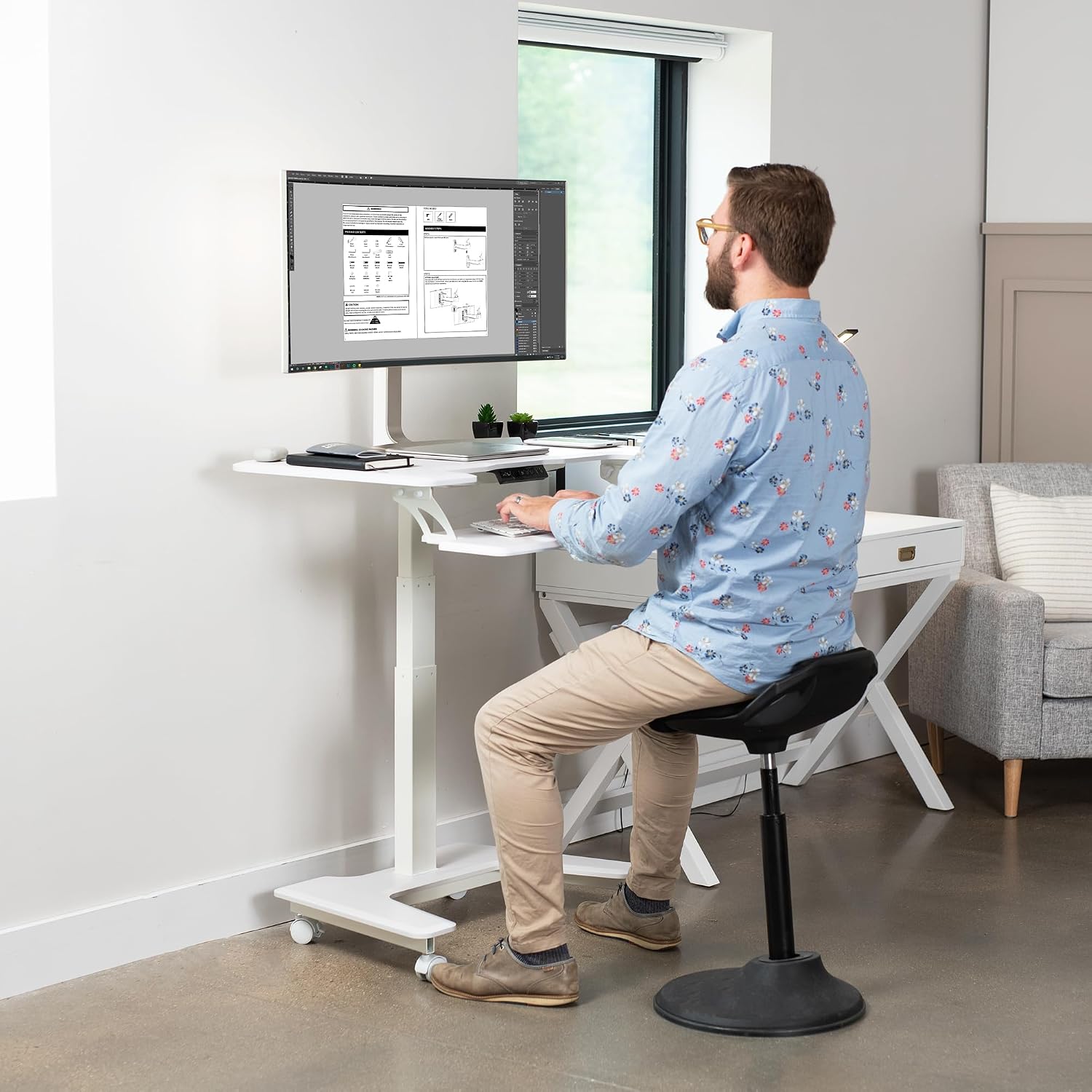 VIVO White Electric Mobile Height Adjustable 36 inch Dual Platform Standing Desk with Wheels, Rolling Small Space Table, Sit Stand Workstation, DESK-V111VTW