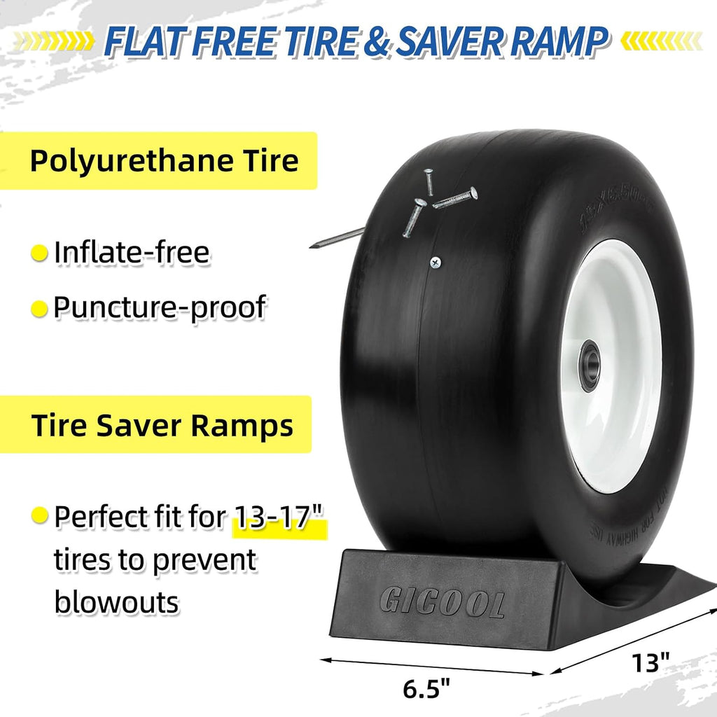 13x6.50-6' Flat Free Lawn Mower Tire and Wheel, Comes with Saver Ramp, 3/4' or 5/8' or 1/2' Bearing Bore, 3'-3.5'-4'-4.5'-5' Centered Hub, Smooth Tread Tire for Zero Turn Mowers, 2 Pcs