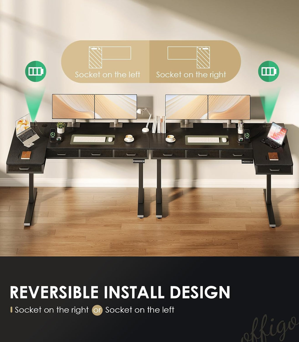 OffiGo 63 Inch L Shaped Electric Standing Desk with Drawers, Height Adjustable Large Desk with Power Outlets, Sit Stand Table, Writing Computer Desk for Home, Office, Workstation, Black