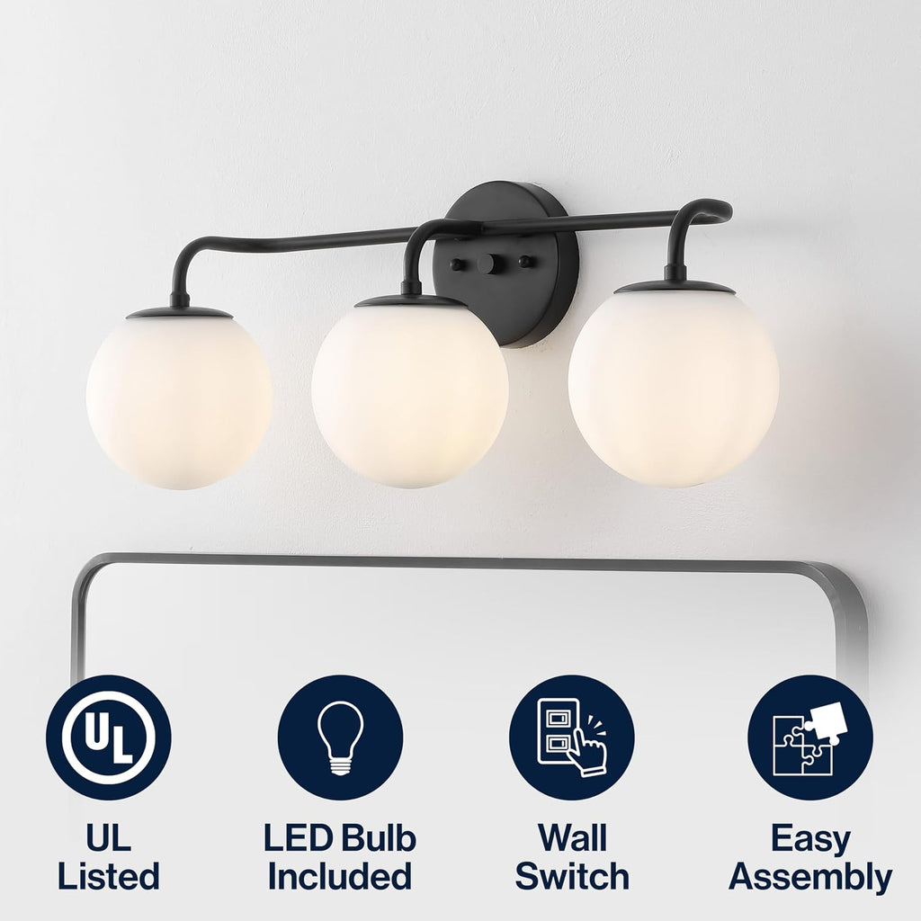 JONATHAN Y 25' Black Modern Globe Wall Sconce Vanity Light for Bathroom, White Frosted Glass Shade, Midcentury Parisian Bistro Wall Lamp, LED Bulb Included (JYL3536B)