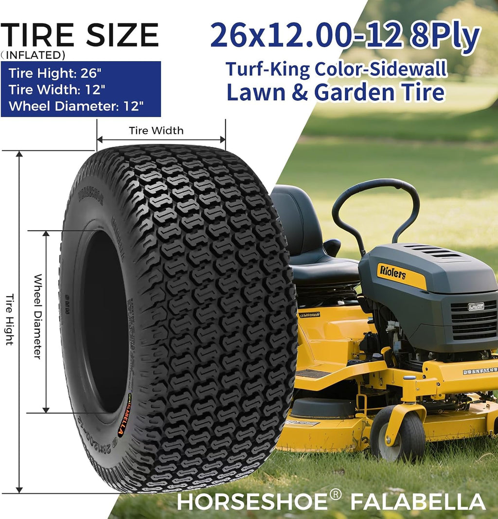 HORSESHOE FALABELLA 2 NEW 26x12.00-12 / 26x12-12 8PR T198 TURF-KING LAWN MOWER TIRES 26120012 LRD Heavy Duty Color-Sidewall (26x12.00-12 8Ply)