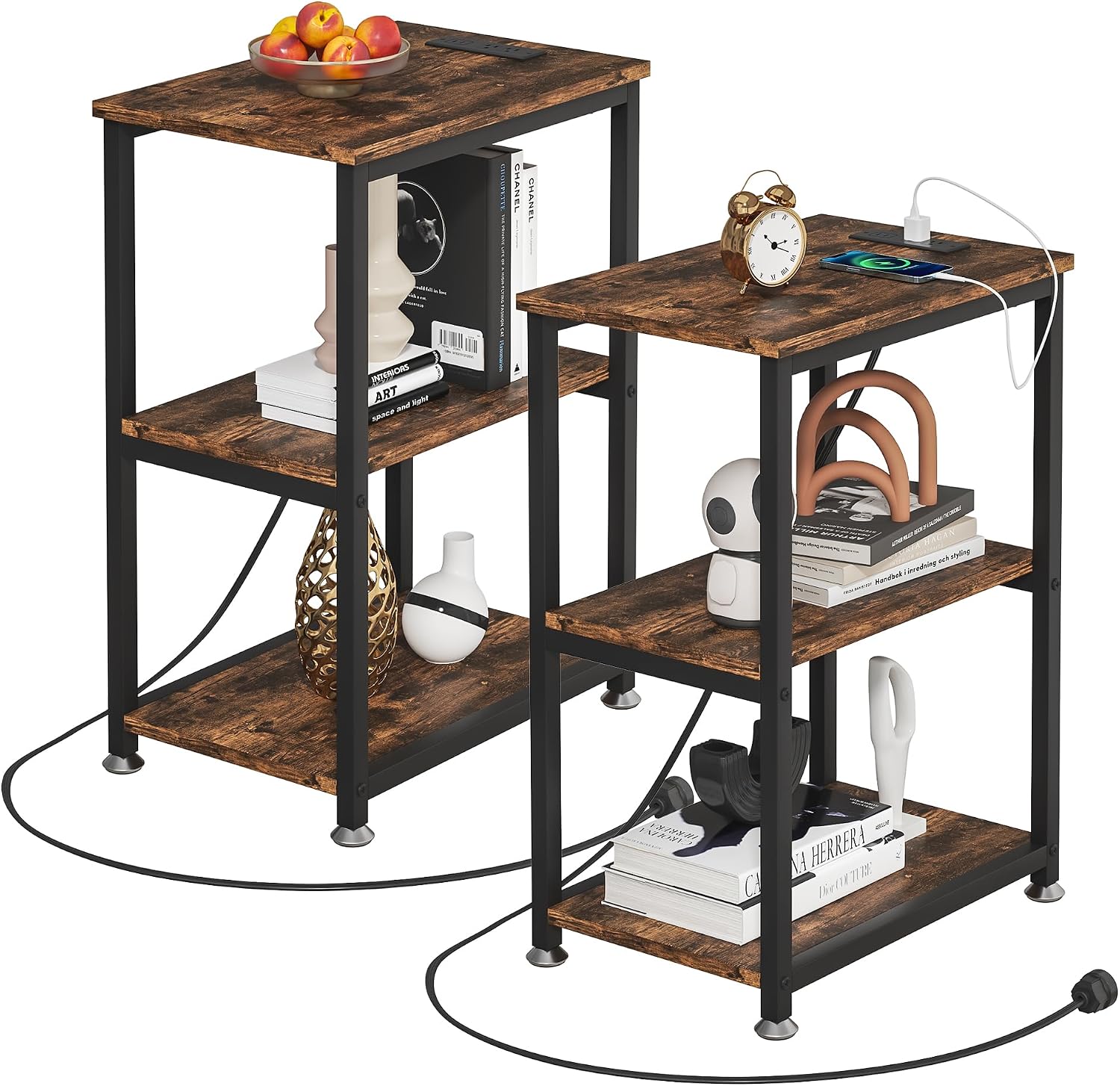 VECELO Tall End Table with Charging Station, Side Table with USB Ports and Outlets, 30' Height Nightstand with 3-Tier Storage Shelf for Living Room Bedroom Office Hallway Study