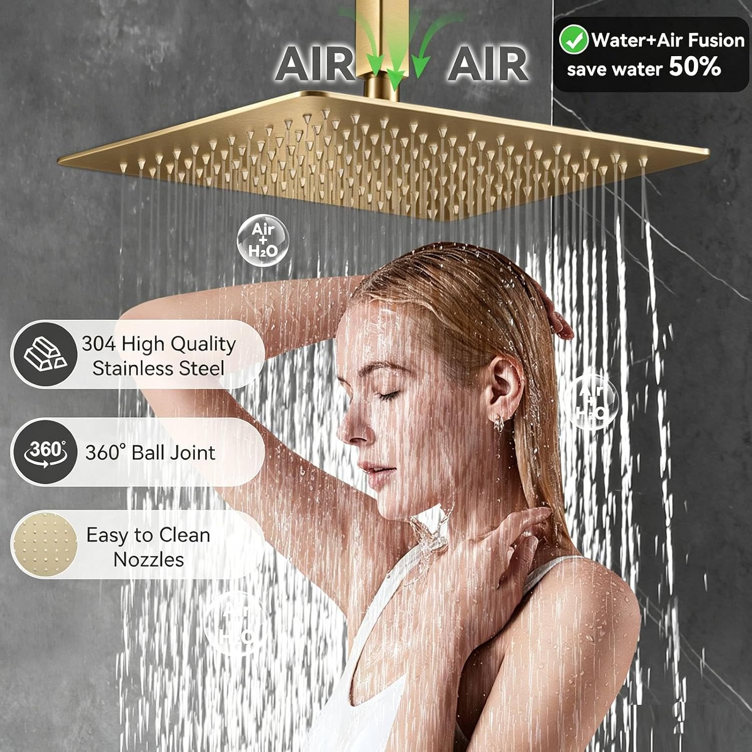 Shower System Brushed Gold Dual Shower Head with Body Jets, Oupukle Four Modes Shower Faucet Set Wall Mounted 12' & 6' Rain Shower Head with 6PCS Body Jets